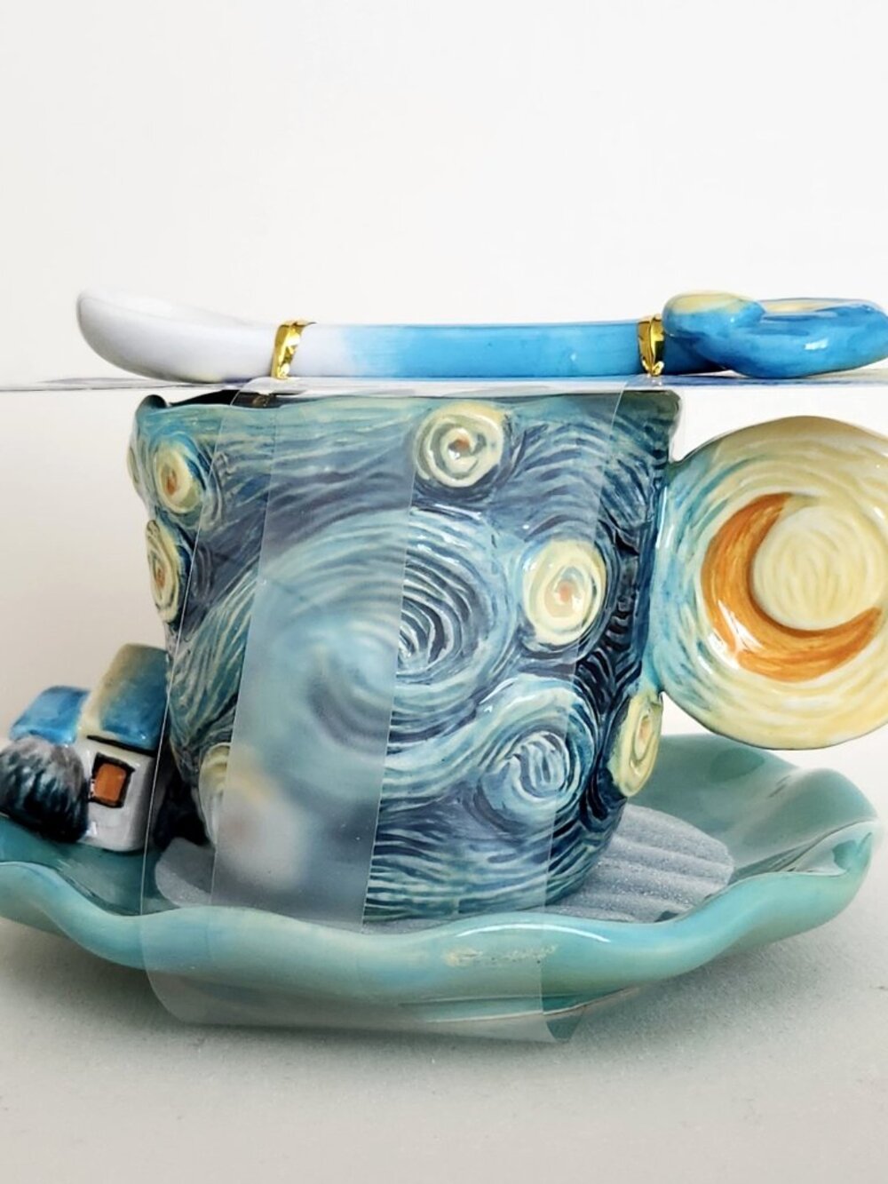 Corner Ruby Starry Night Ceramic Teacup, Saucer & Spoon Set, Van Gogh Inspired